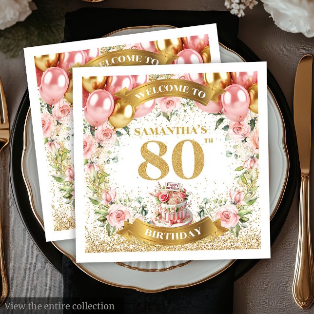 Elegant Pink Balloons 80th Birthday Paper Napkins (Elegant Pink Balloons 80th Birthday Paper Napkins)