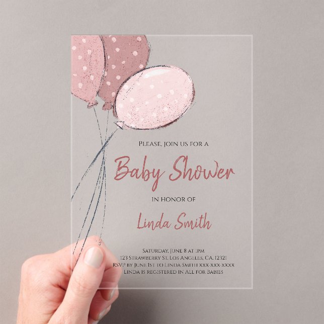 Elegant Pink Balloons Girl Baby Shower Acrylic Invitations (Insitu (Handheld))