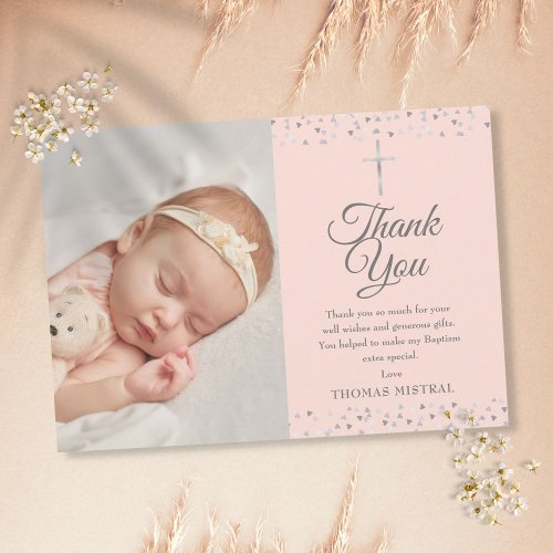 Elegant Pink Baptism Silver Hearts Photo  Thank You Card