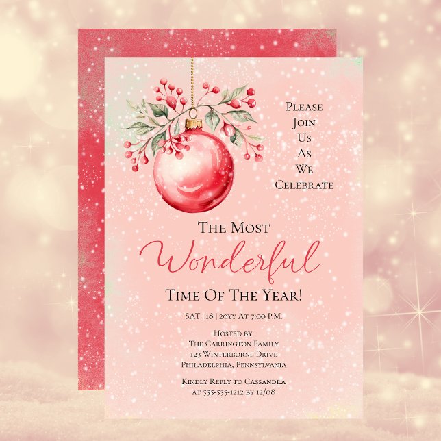 Elegant Pink Bauble Most Wonderful Time Year Party Invitation (Elegant Pink | Red Bauble Most Wonderful Time Year Party Invitation)