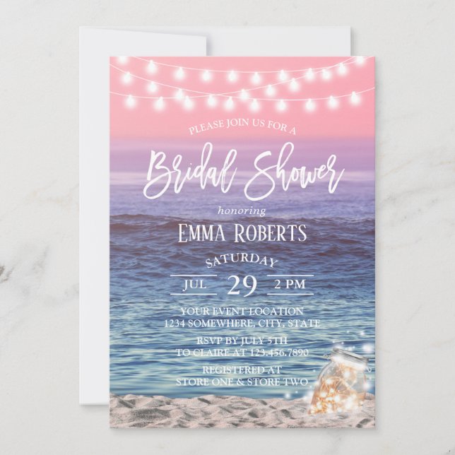 Elegant Pink Beach Mason Jar Lights Bridal Shower Invitation (Front)