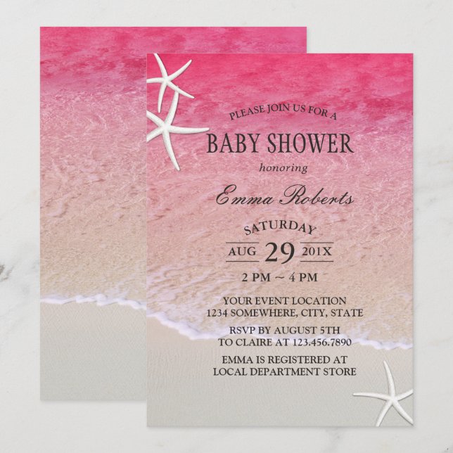 Elegant Pink Beach Starfish Baby Shower Invitation (Front/Back)