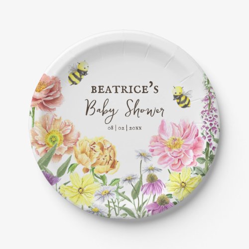 Elegant Pink Bee and Wildflower Baby Shower Paper Plates