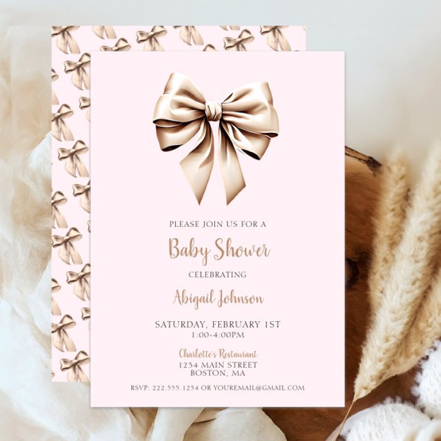 Elegant Pink Beige Coquette Bow Baby Shower Invitation (Chic Blush Pink Beige Coquette Bow Baby Shower Invitation, Modern Script, Classic Baby Girl Shower)