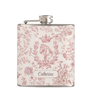 Elegant Pink Beige Equestrian Floral Toile Name Flask
