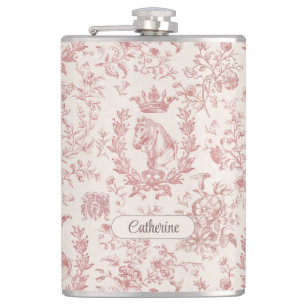 Elegant Pink Beige Equestrian Floral Toile Name Flask