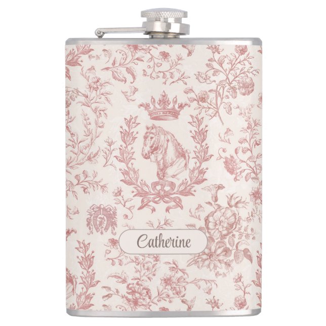 Elegant Pink Beige Equestrian Floral Toile Name Flask (Front)