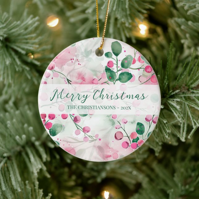 Elegant Pink Berries Floral Christmas Ceramic Ornament (Tree)