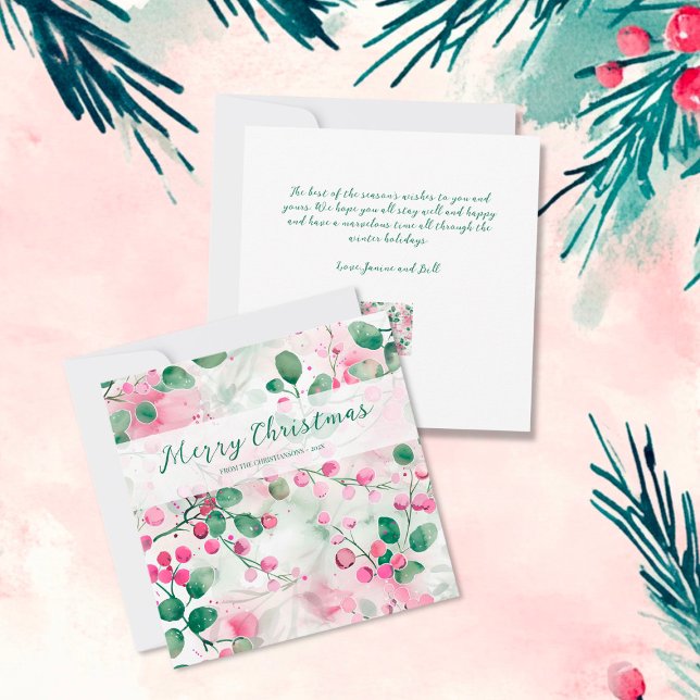 Elegant Pink Berries Floral Christmas Holiday Card (Elegant Pink Berries Floral Flat Christmas Card)
