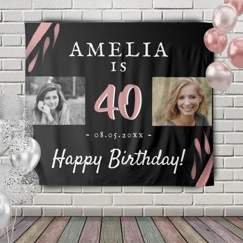 Elegant Pink Black 40th Birthday 2 Photo Backdrop