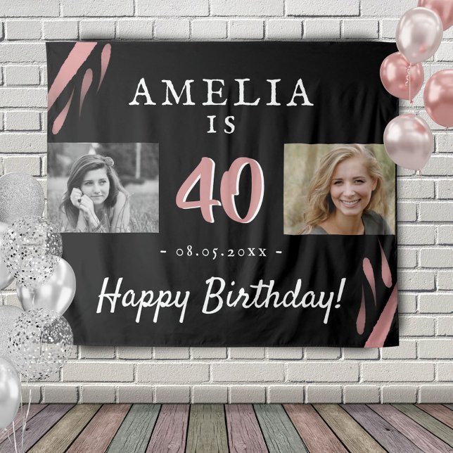 Elegant Pink Black 40th Birthday 2 Photo Backdrop (Creator Uploaded)