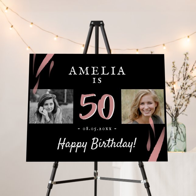 Elegant Pink Black 50th Birthday 2 Photo Backdrop Foam Board (In Situ (Stand))