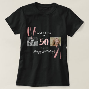 Elegant Pink Black 50th Birthday 2 Photos  T-Shirt
