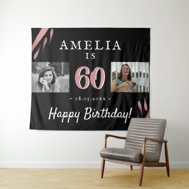 Elegant Pink Black 60th Birthday 2 Photo Backdrop (In Situ (Horizontal))