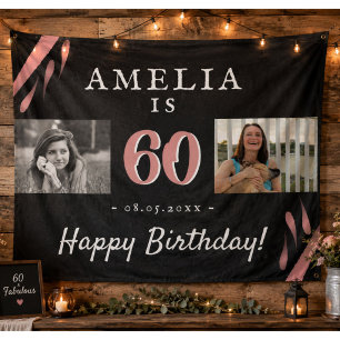 Elegant Pink Black 60th Birthday 2 Photo Backdrop