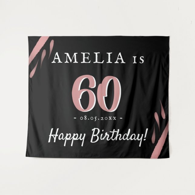 Elegant Pink Black 60th Birthday Party Backdrop (Front (Horizontal))
