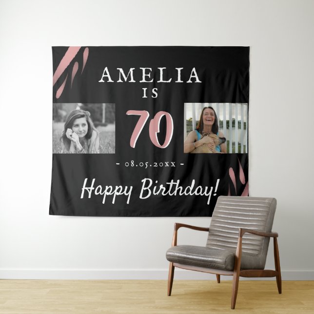 Elegant Pink Black 70th Birthday 2 Photo Backdrop (In Situ (Horizontal))