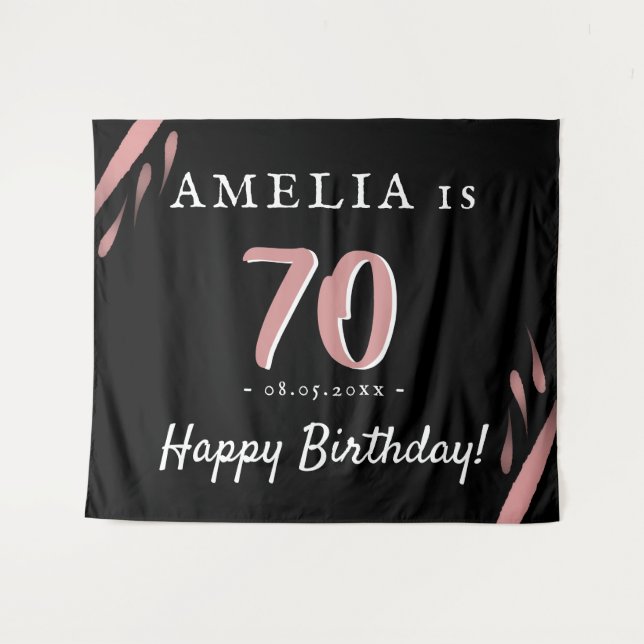 Elegant Pink Black 70th Birthday Party Backdrop (Front (Horizontal))