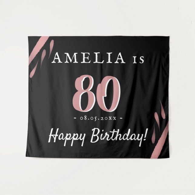 Elegant Pink Black 80th Birthday Party Backdrop (Front (Horizontal))