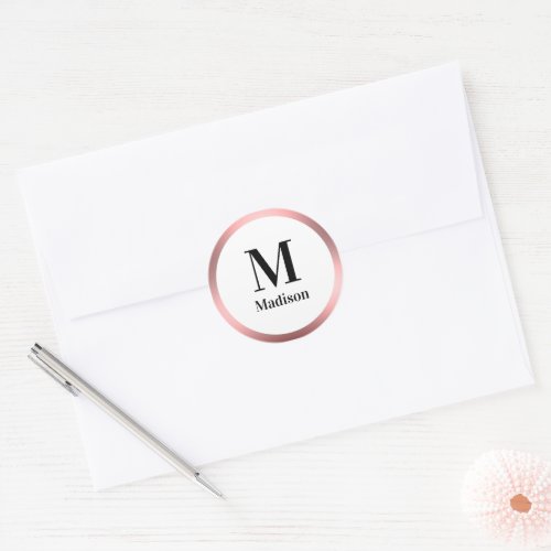 Elegant Pink Black and White Monogram with Name Classic Round Sticker