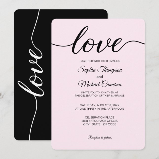 Elegant Pink Black and White Simple Wedding Invitation (Front/Back)