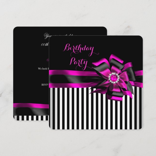 Elegant Pink Black Bow Striped Birthday Party Invitation (Front/Back)
