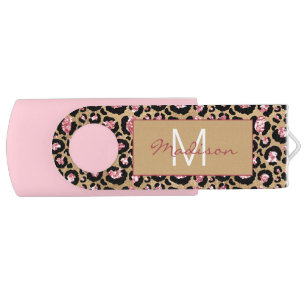 Elegant Pink Black Cheetah Leopard Monogram Flash Drive