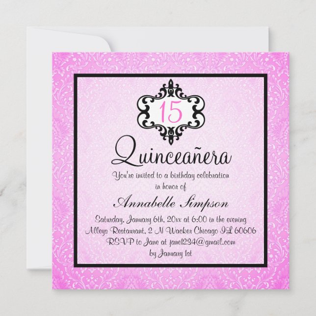 Elegant Pink/Black Chic Damask Quinceanera Invite (Front)