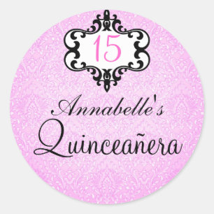 Elegant Pink/Black Chic Damask Quinceañera Sticker