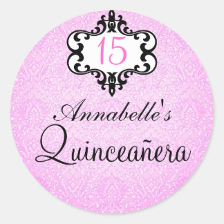 Elegant Pink/Black Chic Damask Quinceañera Sticker