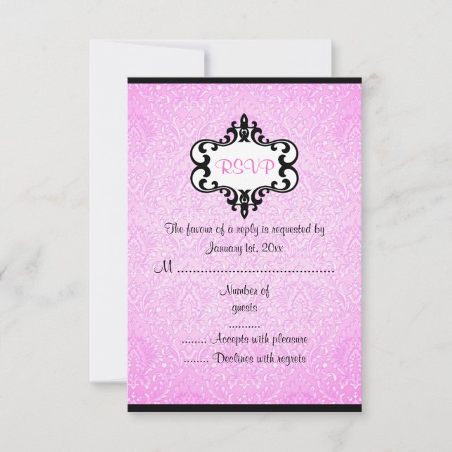 Elegant Pink & Black Chic Damask RSVP Card (Front)