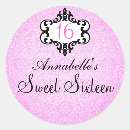 Elegant Pink  Black Chic Damask Sweet 16 Sticker