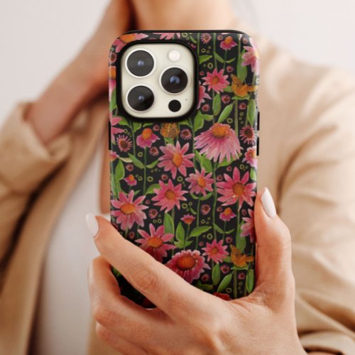 Elegant Pink Black Coneflowers Butterflies Case_Mate iPhone 14 Pro Case
