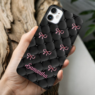 Elegant Pink Black Coquette Bows Monogram Initial iPhone 16 Case