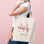 Elegant Pink Black Custom Wedding Bridesmaid Name Tote Bag<br><div class="desc">Elegant custom wedding tote bag features a personalized monogram typography design with modern calligraphy script name and serif monogram initial in bright pink and black colors. Includes custom text for a bridal party title like "BRIDESMAID" or other preferred wording.</div>