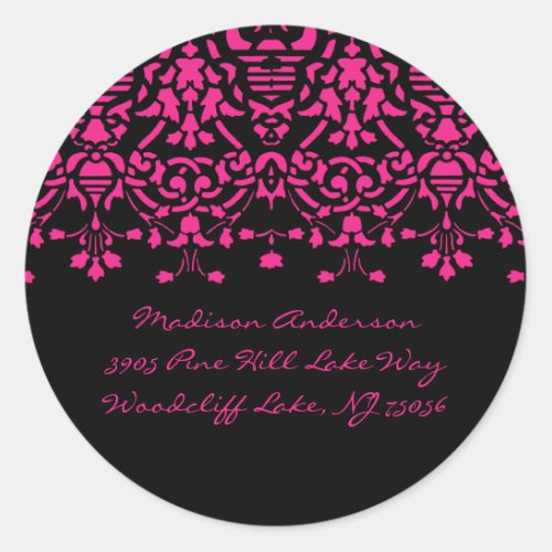 Elegant Pink  Black Damask Address Label Sticker