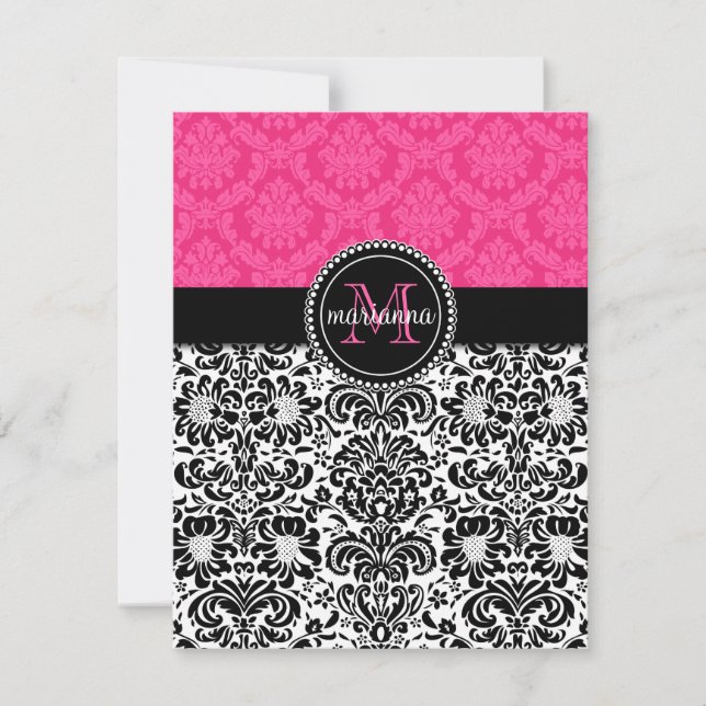 Elegant Pink Black Damask Personalized Note Cards (Front)