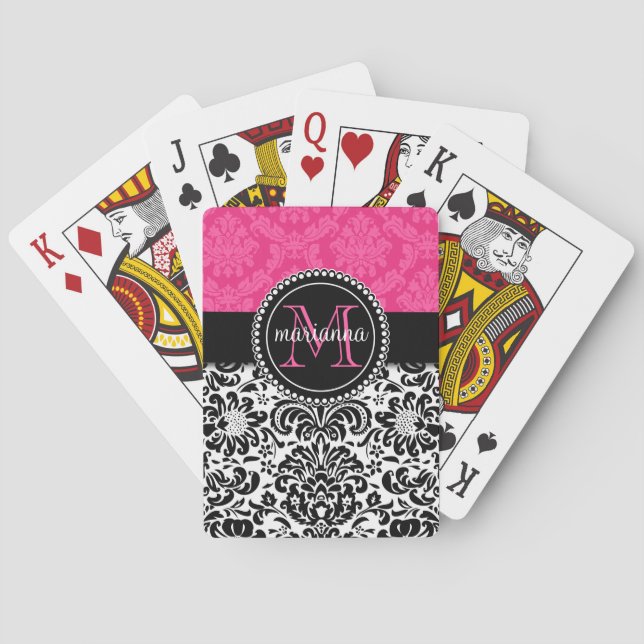 Elegant Pink Black Damask Personalized Poker Cards (Back)