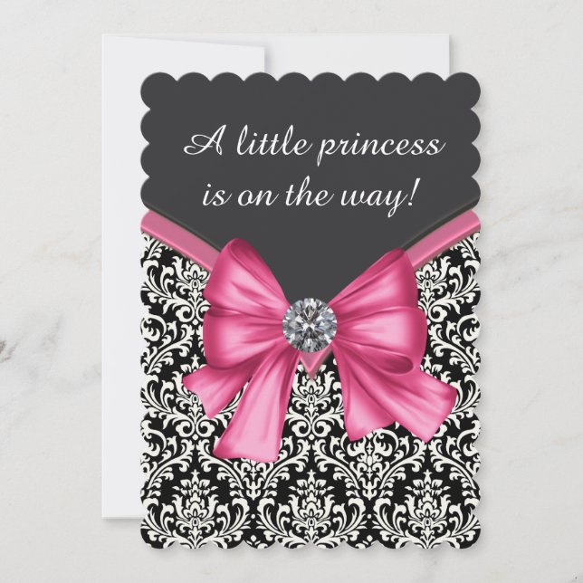 Elegant Pink Black Damask Princess Baby Shower Invitation (Front)