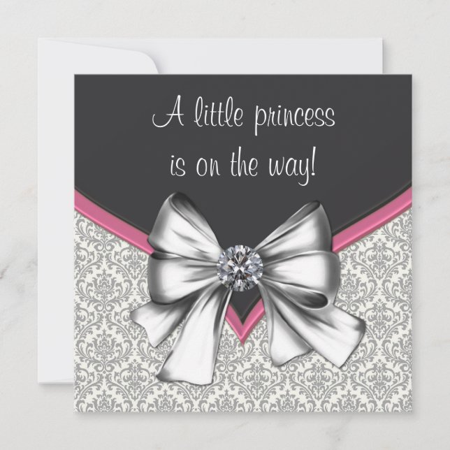 Elegant Pink Black Damask Princess Baby Shower Invitation (Front)