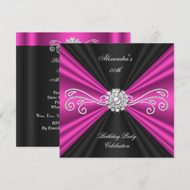 Elegant Pink Black Diamond Birthday Party Invitation (Front/Back)