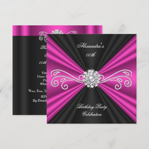 Elegant Pink Black Diamond Birthday Party 5.25x5.25 Square Paper Invitation Card
