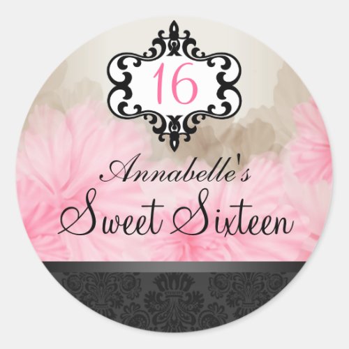 Elegant Pink  Black Floral Chic Sweet 16 Sticker