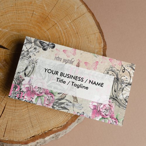 Elegant pink black floral collage Eiffel Tower Business Card