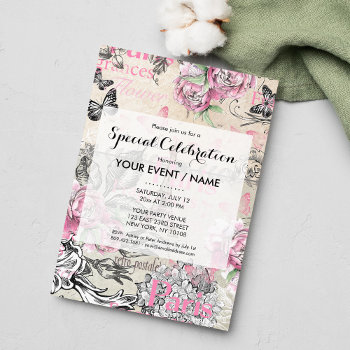 Elegant Pink Black Floral Collage Eiffel Tower Invitation by girly_paradise at Zazzle