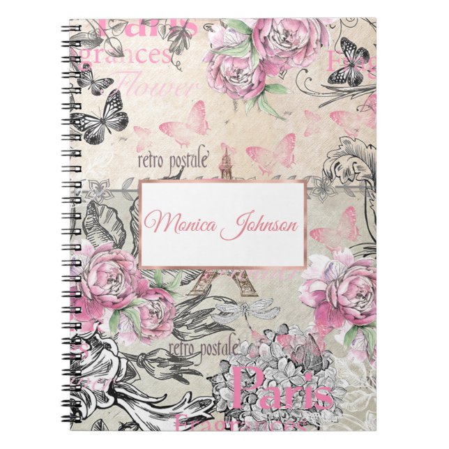 Elegant pink black floral collage Eiffel Tower Notebook (Front)