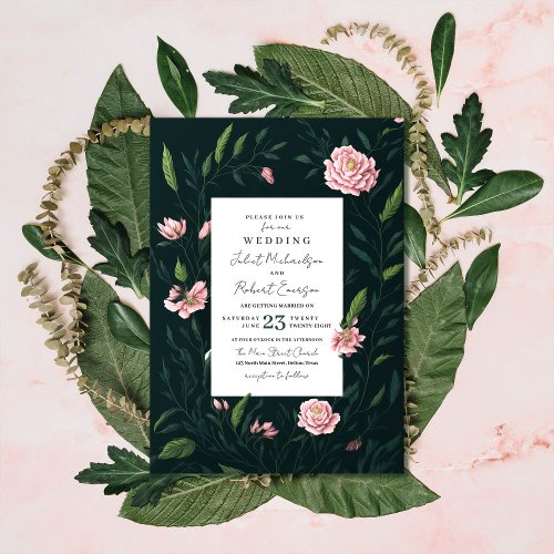 Elegant Pink Black Floral Greenery Winter Wedding Invitation