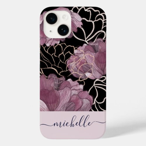 Elegant Pink  Black Floral Monogrammed Case_Mate iPhone 14 Case