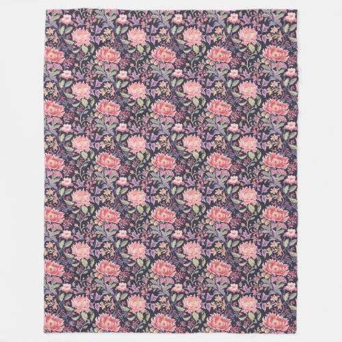 Elegant pink black floral pattern fleece blanket