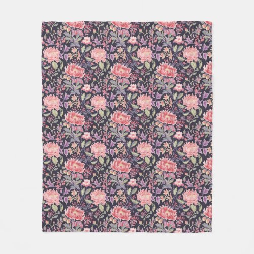 Elegant pink black floral pattern fleece blanket